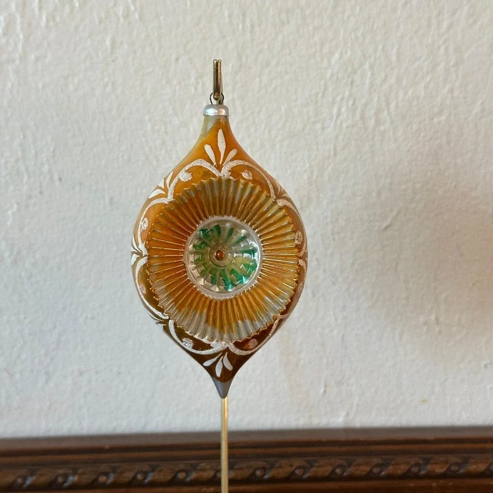 Vtg Gold Italian Unbreakable Indent Reflector Teardrop Christmas Ornament 4.5